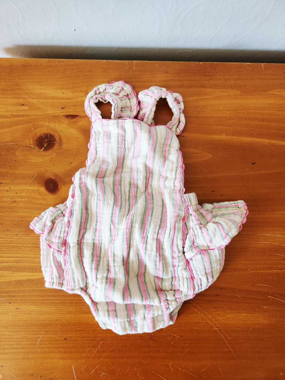 Angel Dear 0-3m Cotton Striped Pink & Green Overall Romper